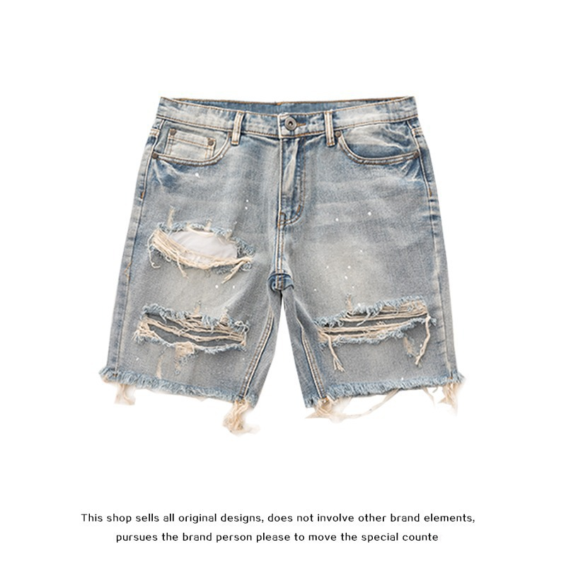 Vêtements pour hommes High Street Retro Hole Shorts Hommes Grande Taille Old Raw Edge Beggar Denim Shorts Ins_voghion.com
