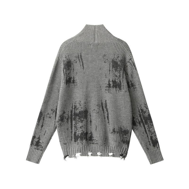 Gothic Tie-Dye Knit Cardigan – Unisex Distressed Open-Front Coat, Stand Collar & Drop-Shoulder Design, Grunge Streetwear Staple (Ashy Grey/Khaki)_voghion.com