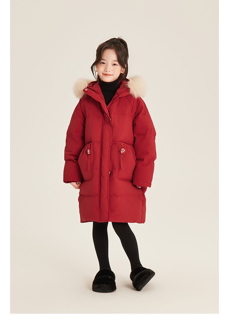 Amybaby Piumino per bambine Inverno 2024 Nuovo stile Piumino di media lunghezza con cappuccio e collo in pelliccia di latte_voghion.com