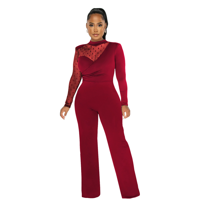 Women's Clothing fashion women's polka dot mesh see-through long-sleeved trousers solid color jumpsuit_voghion.com