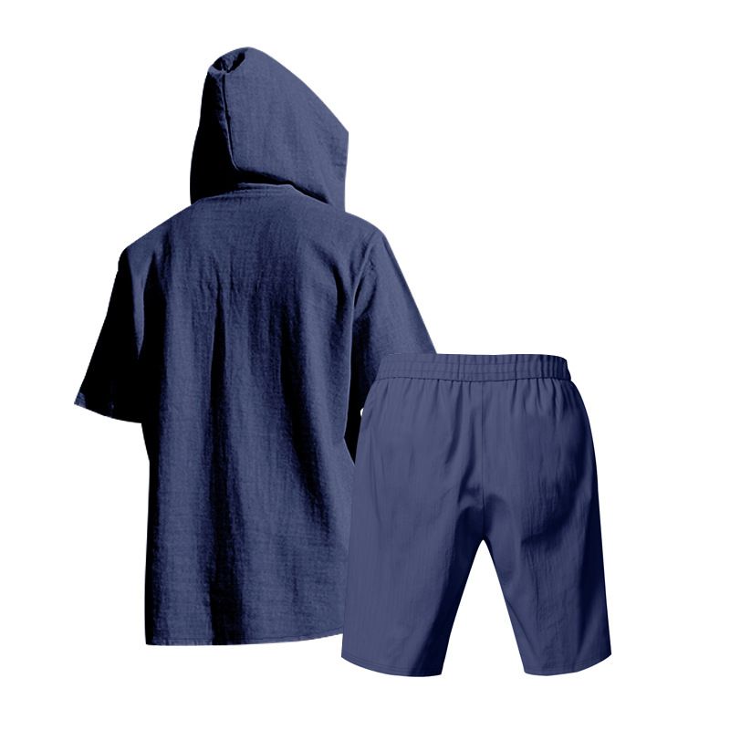 Ensemble short d'été style américain pour homme, chemise à capuche et manches courtes en lin, style décontracté, idéal pour la plage_voghion.com