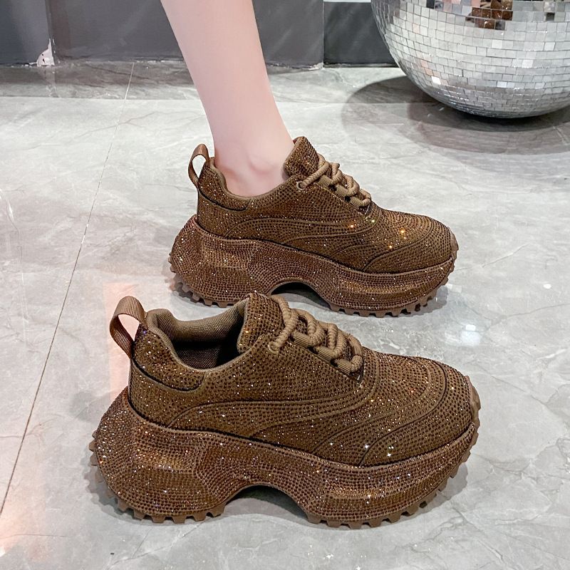 Modische Damen-Sneaker mit Strasssteinen – klobige Plateauschuhe für mehr Körpergröße, atmungsaktives Obermaterial aus PU, lässige und trendige Low-Top-Schnürschuhe_voghion.com