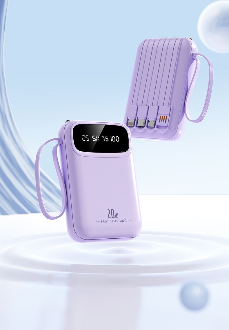 20000mAh Mini Power Bank With Built-in Cable – Ultra-Compact Portable Charger, High Capacity Fast Charging For Phones, Travel Gift_voghion.com
