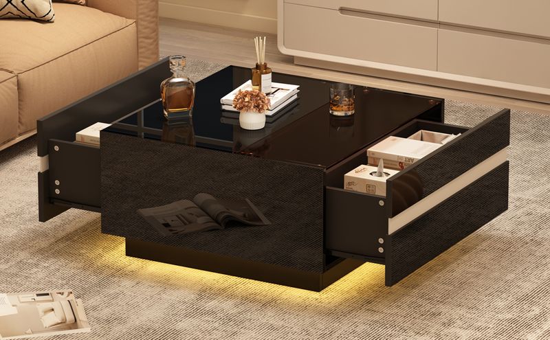 Table basse carrée 70 x 70 x 36 cm avec LED, table de salon haute brillance avec 2 tiroirs, table d'appoint avec plateau en verre trempé, table basse au design géométrique_voghion.com