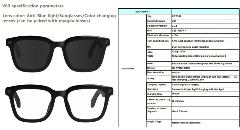 En Çok Satan Yapay Zeka Kameralı Akıllı Gözlük V03-T5, 8 MP HD Video Kaydı, Arama Müzik Fonksiyonları, Sesli Asistan ve_voghion.com