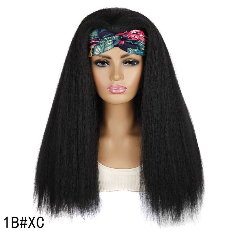 Hair Extensions Wigs women's hair band turban wig headpiece corn silk medium length synthetic black hair set turban long hair_voghion.com