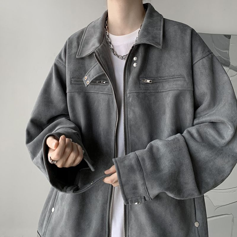 American Style Dark Gray Suede For Men's Autumn And Winter Thick Trendy Brand High-End New Jacket_voghion.com