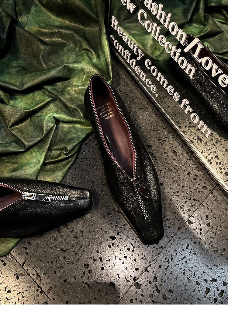 European And American Style Niche Design Front Zipper French Square Toe Shallow Mouth Chunky Heel Elegant Versatile_voghion.com