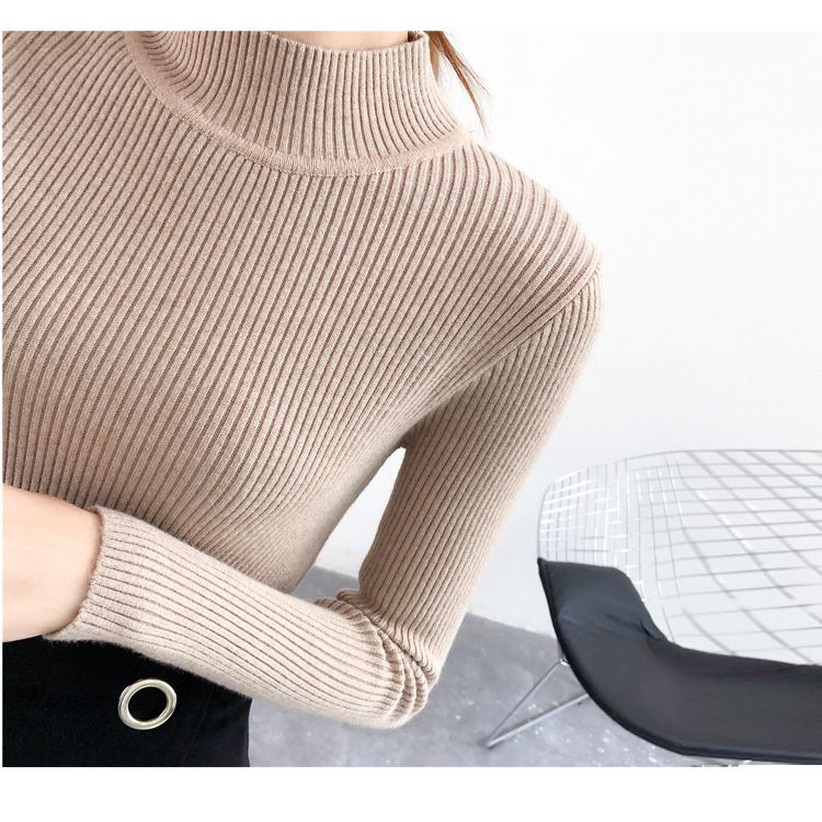Pull coupe slim en fil filé pour femme, chaud, automne-hiver, col mi-haut, couleur unie, manches longues_voghion.com