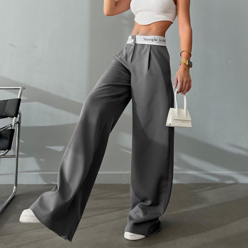 Moda damă ocazional drepți pantaloni asortați, tricotați cu talie înaltă, culoare contrastantă, pantaloni de costum largi, toamnă_voghion.com