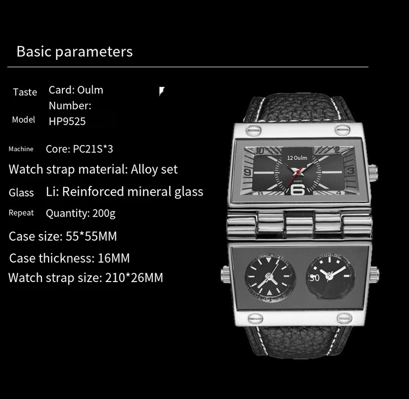 Men's Stylish Multi-Time Zone Quartz Watch With Large Square Dial, Genuine Leather Strap, And 30M Water Resistance_voghion.com