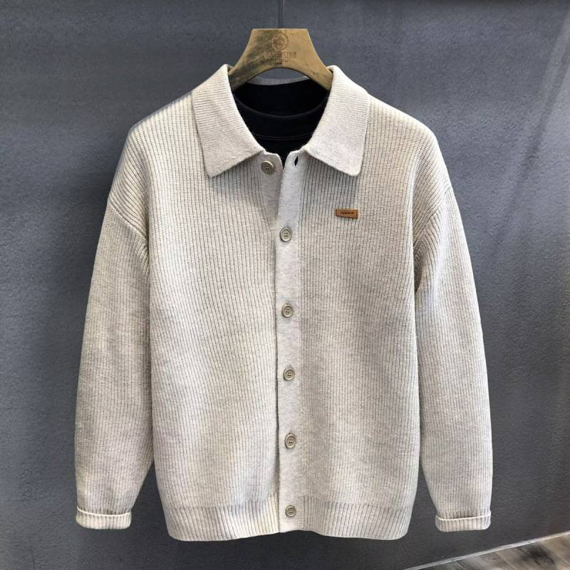 Men's Retro Solid Color Lapel Cardigan – Premium Knit Sweater Jacket For Autumn & Winter (Black, Grey, Apricot) | Slim-Fit Casual Open-Front Style_voghion.com