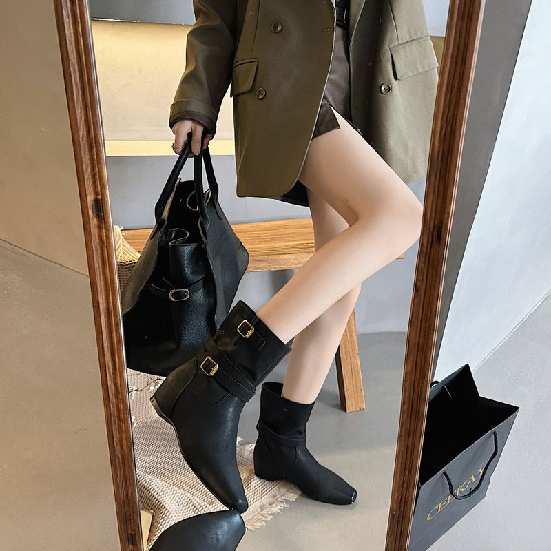 Cameido Women's Fashion Boots Short Ankle Knight Boots With Belt Buckle Flat Heel Hidden Lift Square Toe_voghion.com