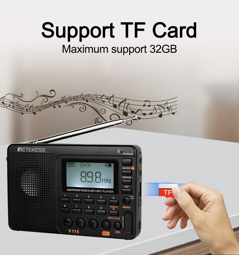 Retekess V115 SW Portable Radios AM FM Rechargeable Shortwave Radio Battery Powered Full Waves USB Recorder For Gift_voghion.com