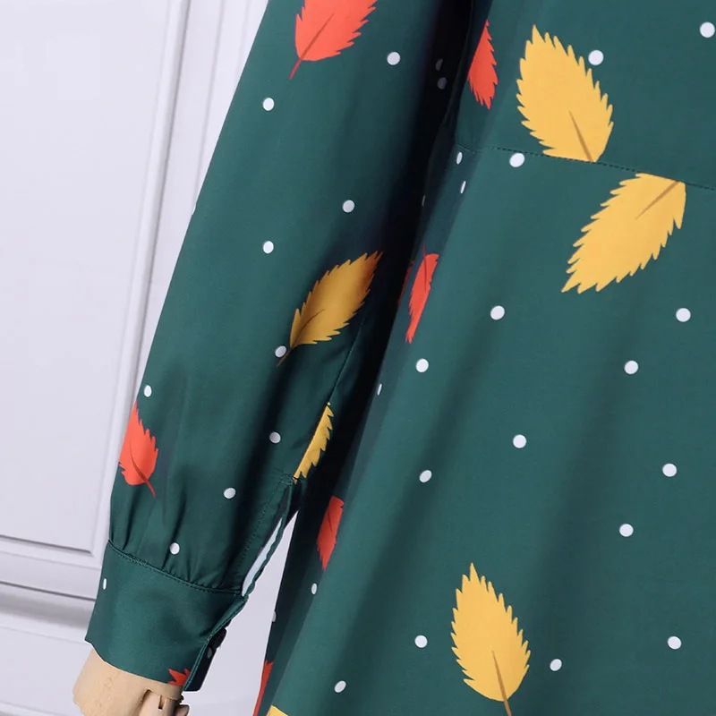 Muslim women's fashion casual dress with leaf dot print, spring and summer long sleeved bohemian large swing skirt_voghion.com