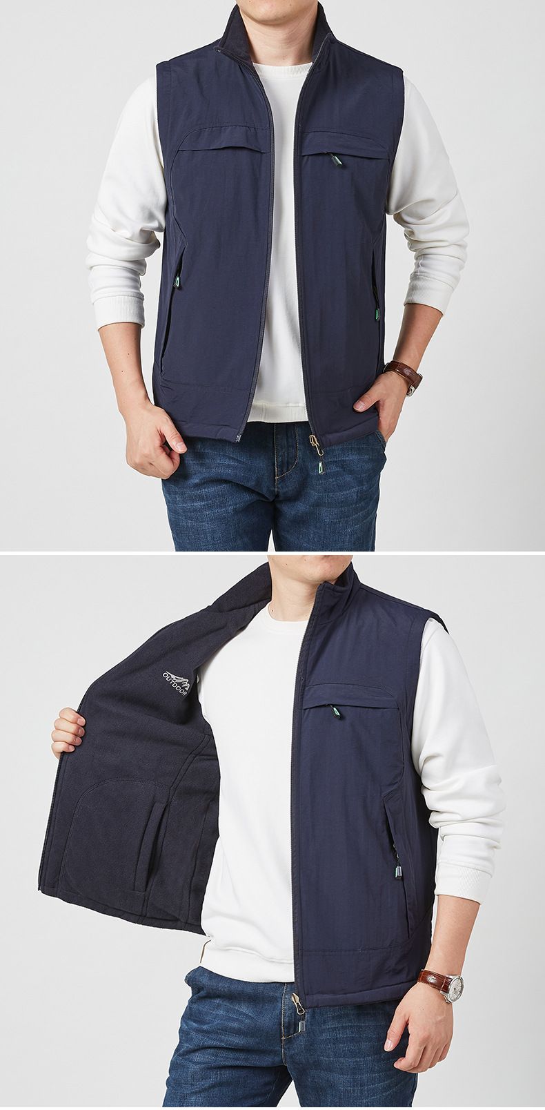 Colete reversível de lã polar para homem – Jaqueta puffer sem mangas quente de inverno com gola alta e vários bolsos (M-5XL)_voghion.com