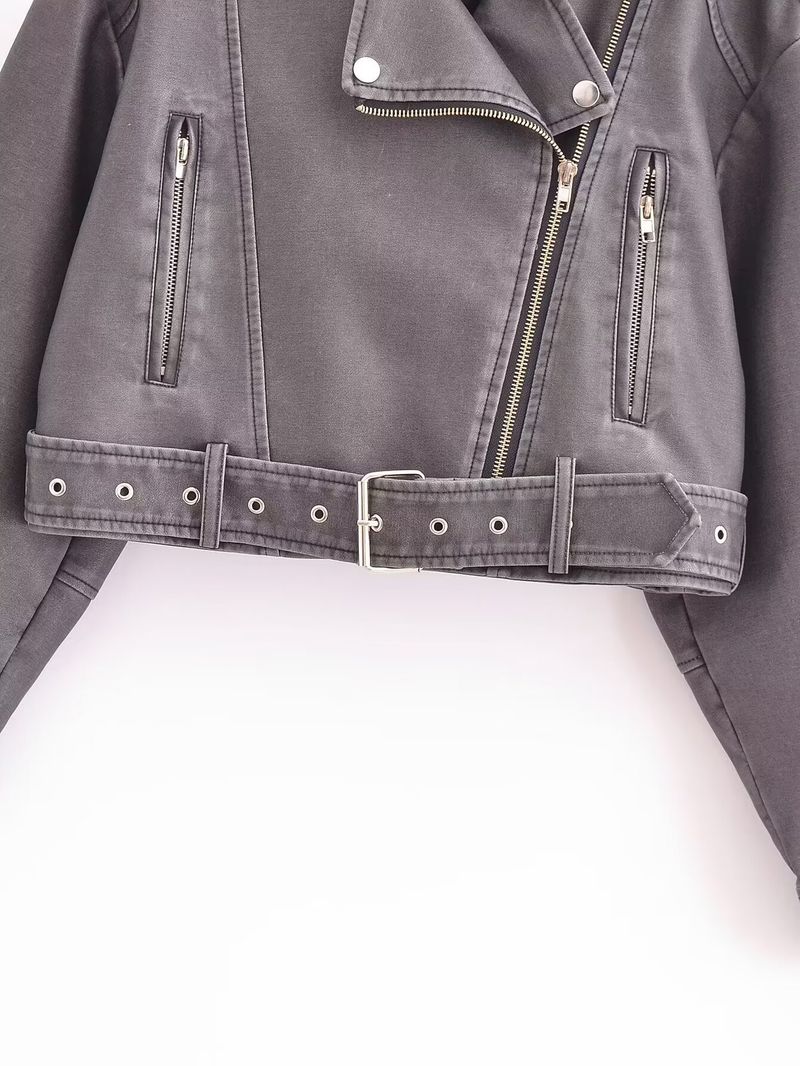 Damen-Bikerjacke aus Kunstleder – Slim Fit Kurzmantel mit Gürtel, V-Ausschnitt, langen Ärmeln (Weiß, Schwarz, Grau, Armeegrün, Dunkelbraun)_voghion.com