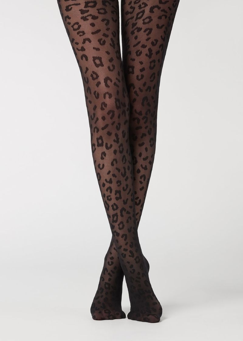 Ciorapi de mătase sexy din jacquard vintage cu imprimeu leopard, subțiri, de vară, negri_voghion.com