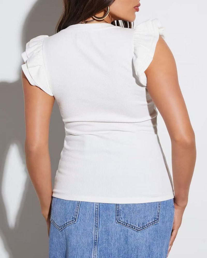 Abbigliamento da donna, top estivi da donna, colletto a cuore pesca, maniche a palloncino, gilet aderente in filo_voghion.com
