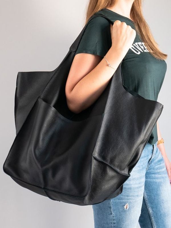 Damentaschen einfache große Tasche weiches Leder große Kapazität eine Schulter Handtasche Einkaufstasche handgemachte pflanzlich gegerbte Damentasche PG21_voghion.com