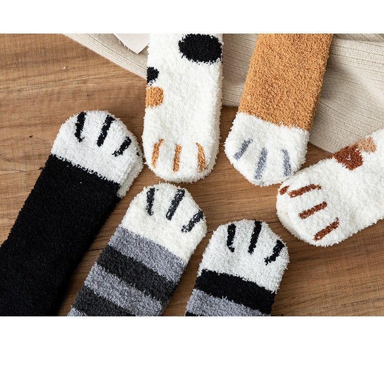 5 paia di calzini in pile corallo da donna, calzini termici in pile spesso per autunno e inverno, calzini tubolari medi, simpatici calzini da casa a forma di zampa di gatto, calzini da pavimento_voghion.com