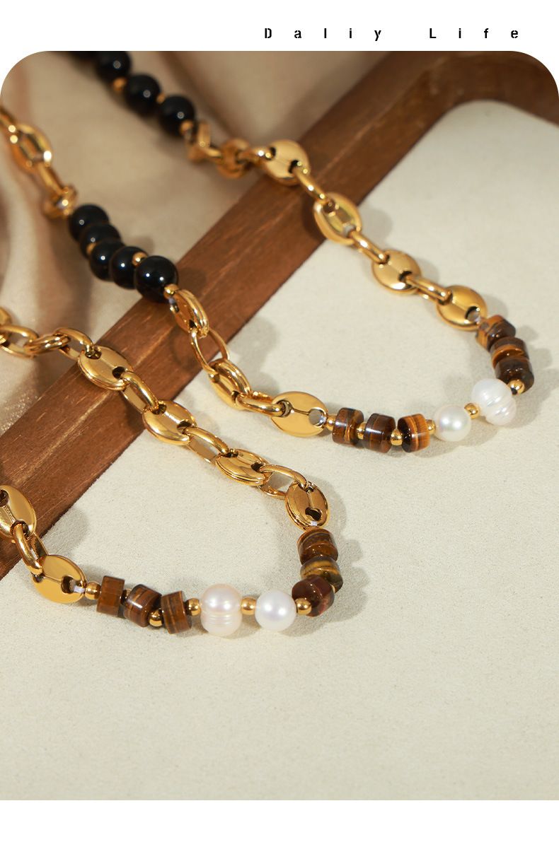 Maillard-Stil Modischer Schmuck aus Titanstahl Tigerauge-Stein Schwarze Achat-Perlenkette Vergoldetes Designgefühl_voghion.com