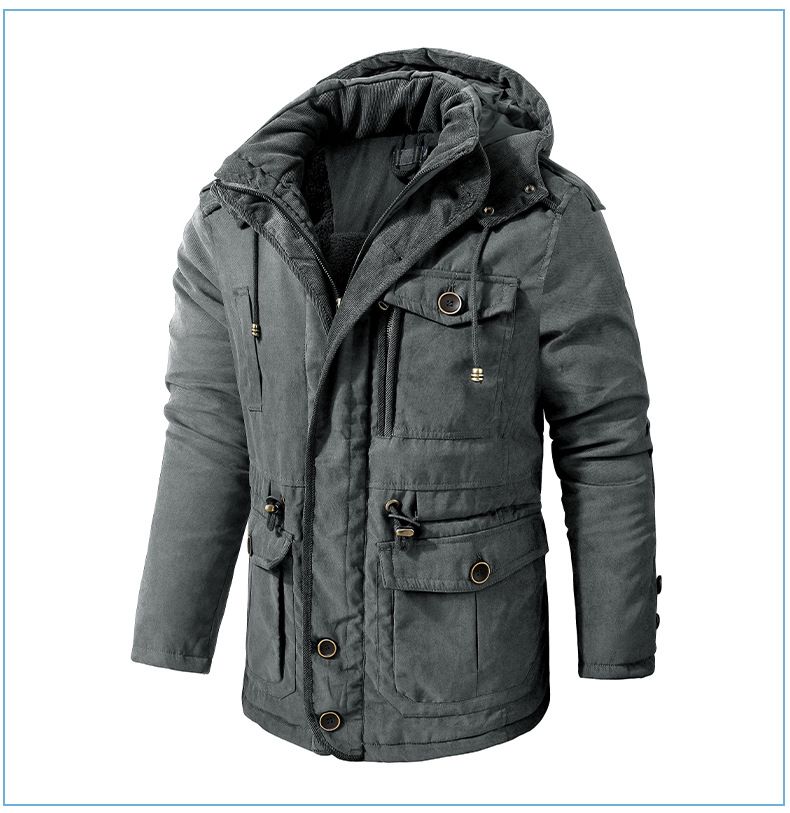 Men's Plus Size Shearling Hooded Cotton Jacket Thickened Multi-Pocket Cotton Top Casual Mid-Length Coat_voghion.com