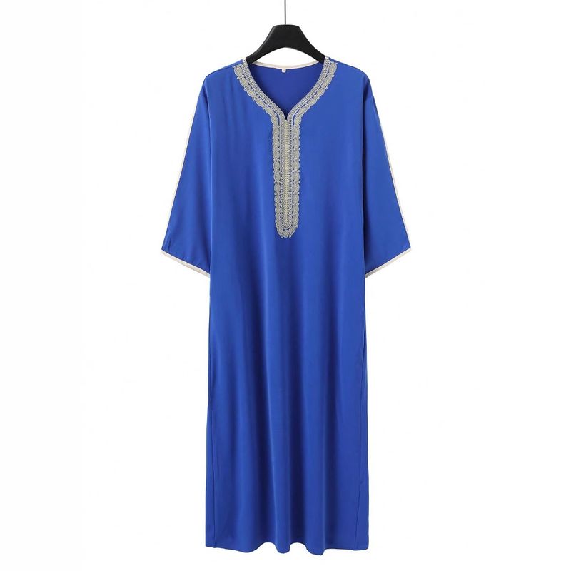 Männerkleeder Robe Kuerzärmlech Broderie Marineblo Muslim Robe_voghion.com