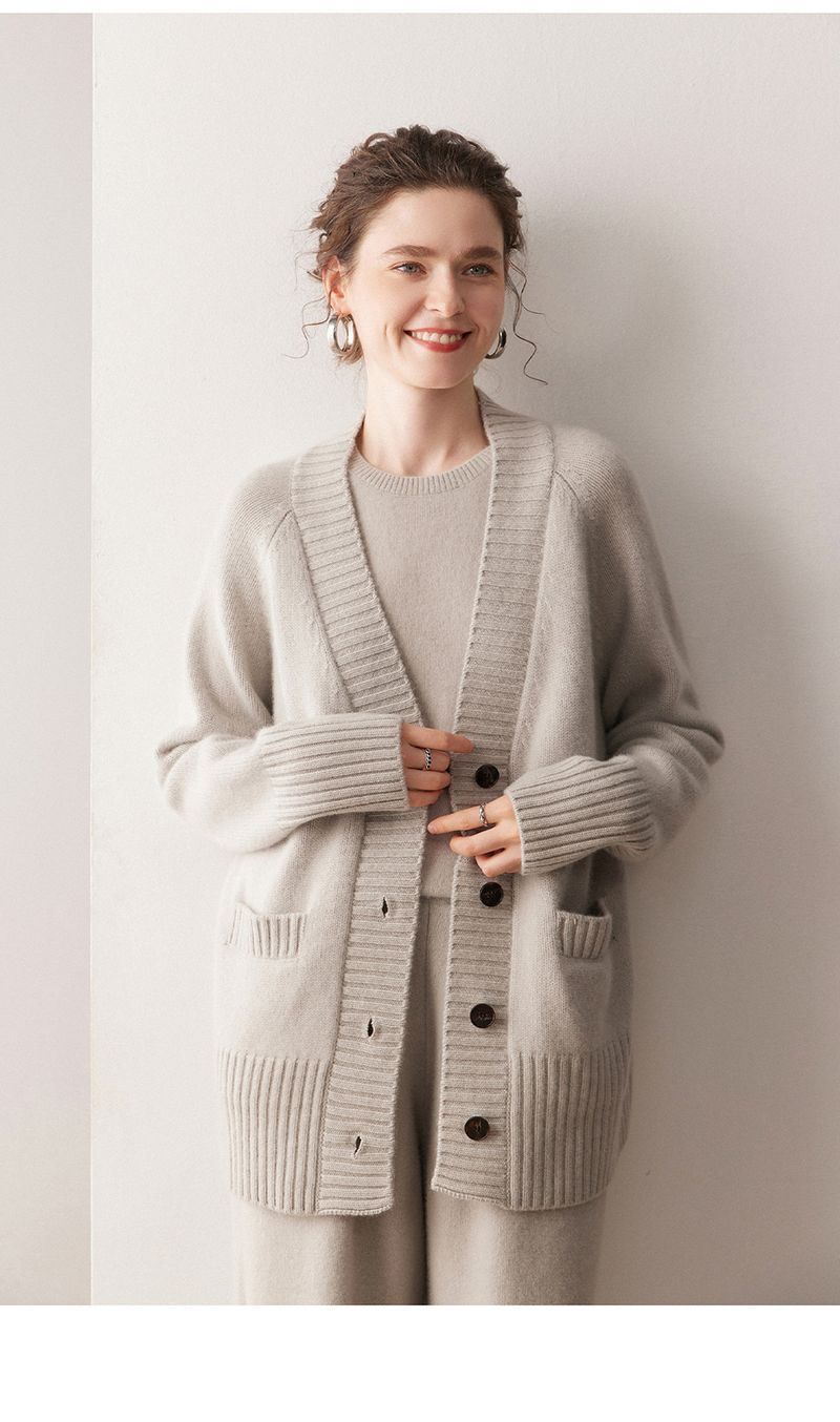 Strickjacke für Damen, 100 % reines Kaschmir, mittellang, dreilagig, dick, locker, Übergröße, vielseitiger Strickmantel_voghion.com