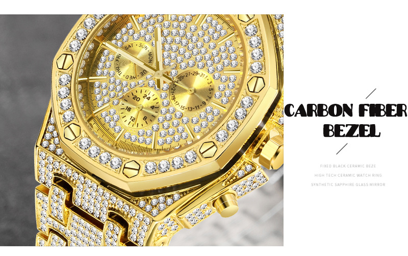 Ceas MISSFOX, ceas de mână pentru bărbați, stil european și american, stil hip-hop, cu diamant complet, cadran octogonal, impermeabil, cu trei ochiuri, en-gros_voghion.com