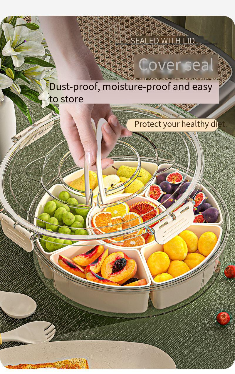 Vassoio rotante con maniglia, sei scomparti, vassoio per frutta secca a prova di umidità Seale, contenitore per snack rotondo portatile per uso domestico con_voghion.com