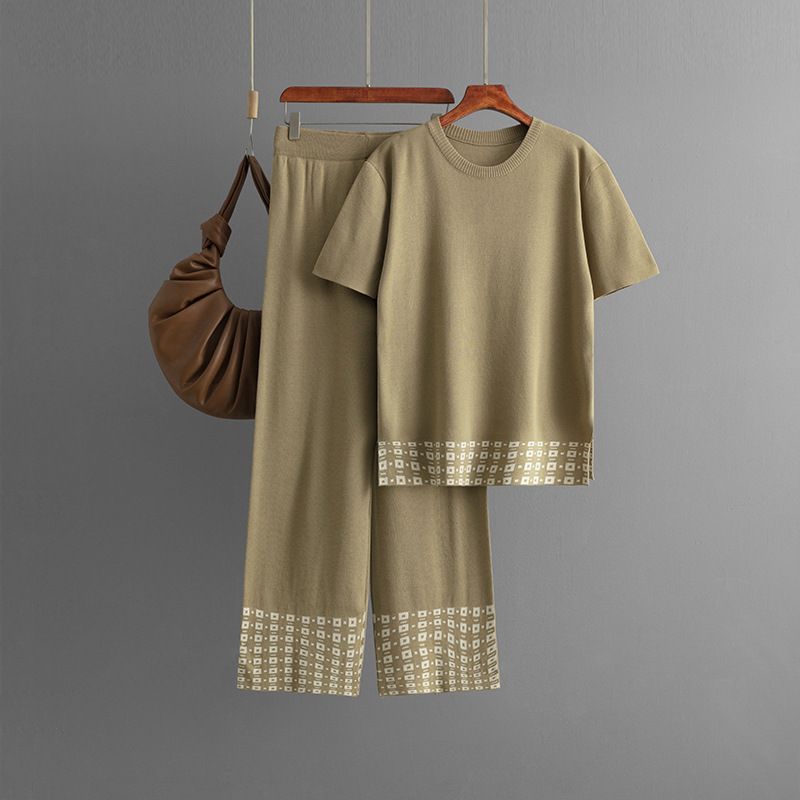 Frauen Kleidung sommer neue einfache mode rundhals einfarbig kurzarm top + hosen kontrast rand gestrickte zwei-stück set_voghion.com