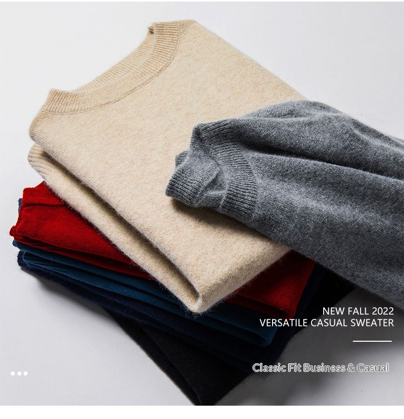 Pure Autumn Winter New Round Neck Wool Casual Solid Color Inner Layer Warm Base Knitted Sweater Men's Clothing_voghion.com