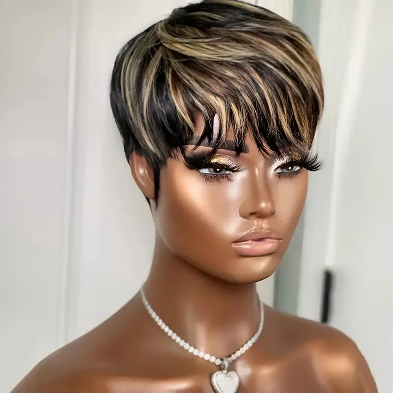 Pixie-Perücke aus Echthaar, leicht zu tragen und natürliche Passform, schick, 1B/1B27 Töne, für Frauen, kurz_voghion.com