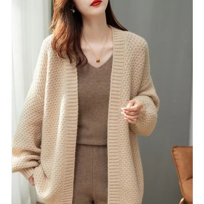 Cardigan da donna in stile vintage francese K, nuovo, in maglia grossa, ampio e comodo, di media lunghezza._voghion.com