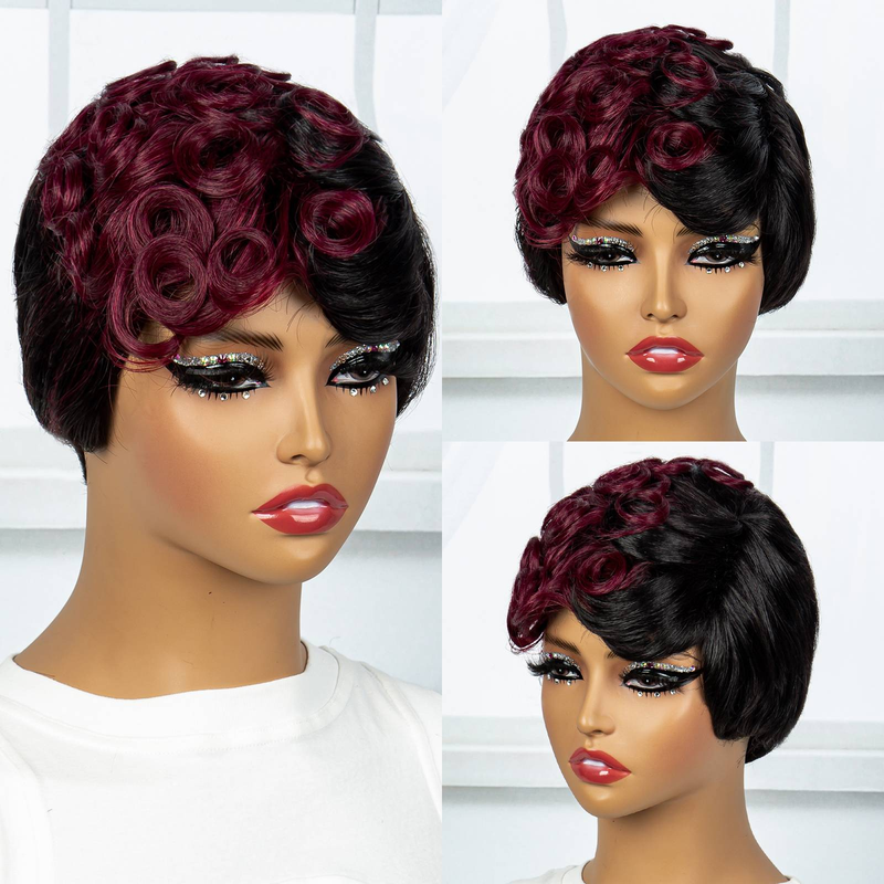 Ægte hår paryk med highlights kort krøllet paryk med pixie cut og bob cut_voghion.com