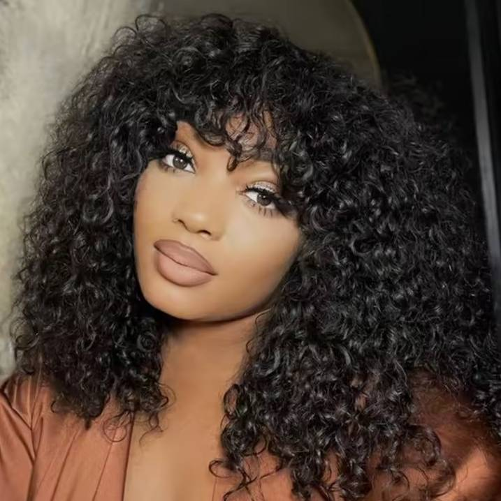 Short bob with bangs machine made water wave short wig Bangs wig Full head Short hair wig Hair mechanism wig 100% humanhair_voghion.com