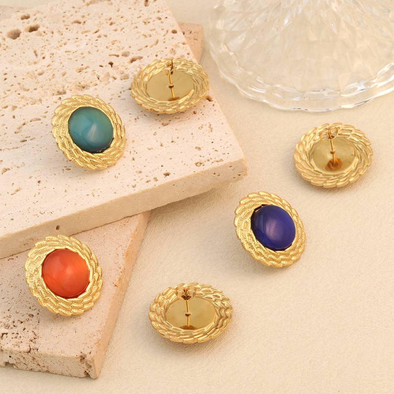 New light luxury retro irregular round earrings for women, inlaid with cat eye stones, high-end and exaggerated design, stainless steel earrings_voghion.com