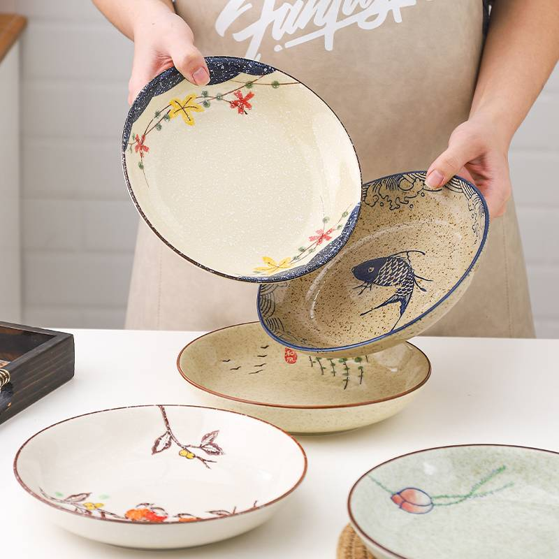 Japanese Retro Creative Ceramic Plates, Traditional Household Dining Room Rice Plates, Kitchen Utensils, Vegetable Underglaze Deep Round Plates_voghion.com