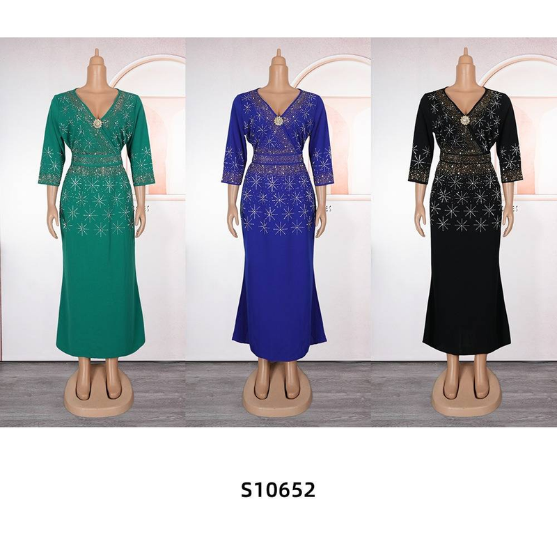 Elegant Women's Formal Dress Plus Size Evening Gown V-neck High Waist Bodycon Long Dress With Rhinestone For Work & Party (Blue, Green, Black)_voghion.com