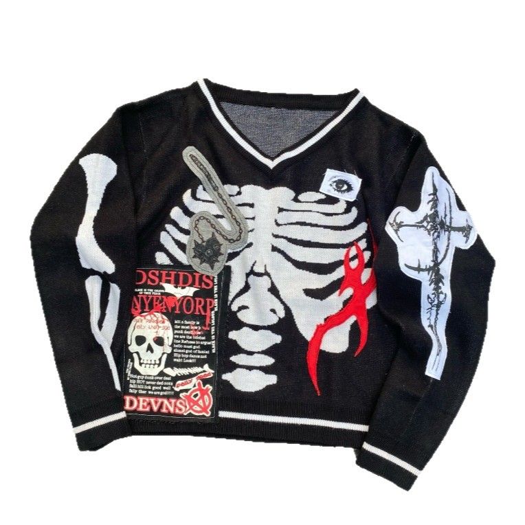 Pull col V à imprimé squelette gothique – Haut oversize en coton mélangé (unisexe S-XXL, noir, style streetwear foncé)_voghion.com