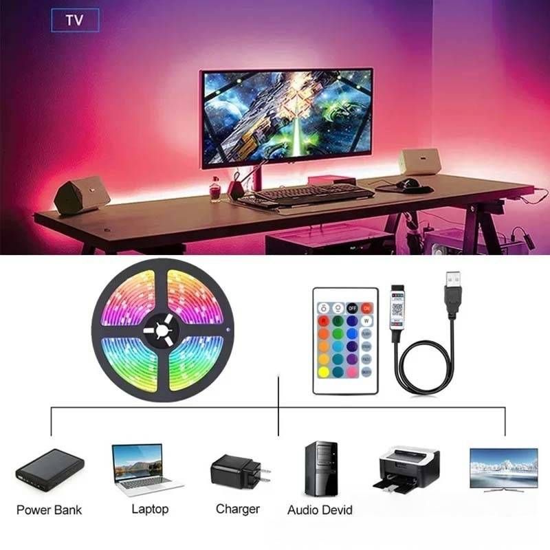 Tira de luces LED RGB de 5 V con Bluetooth y control remoto de 24 teclas: barra de luz USB inteligente que cambia de color para ambientar habitaciones, juegos y retroiluminar el televisor._voghion.com