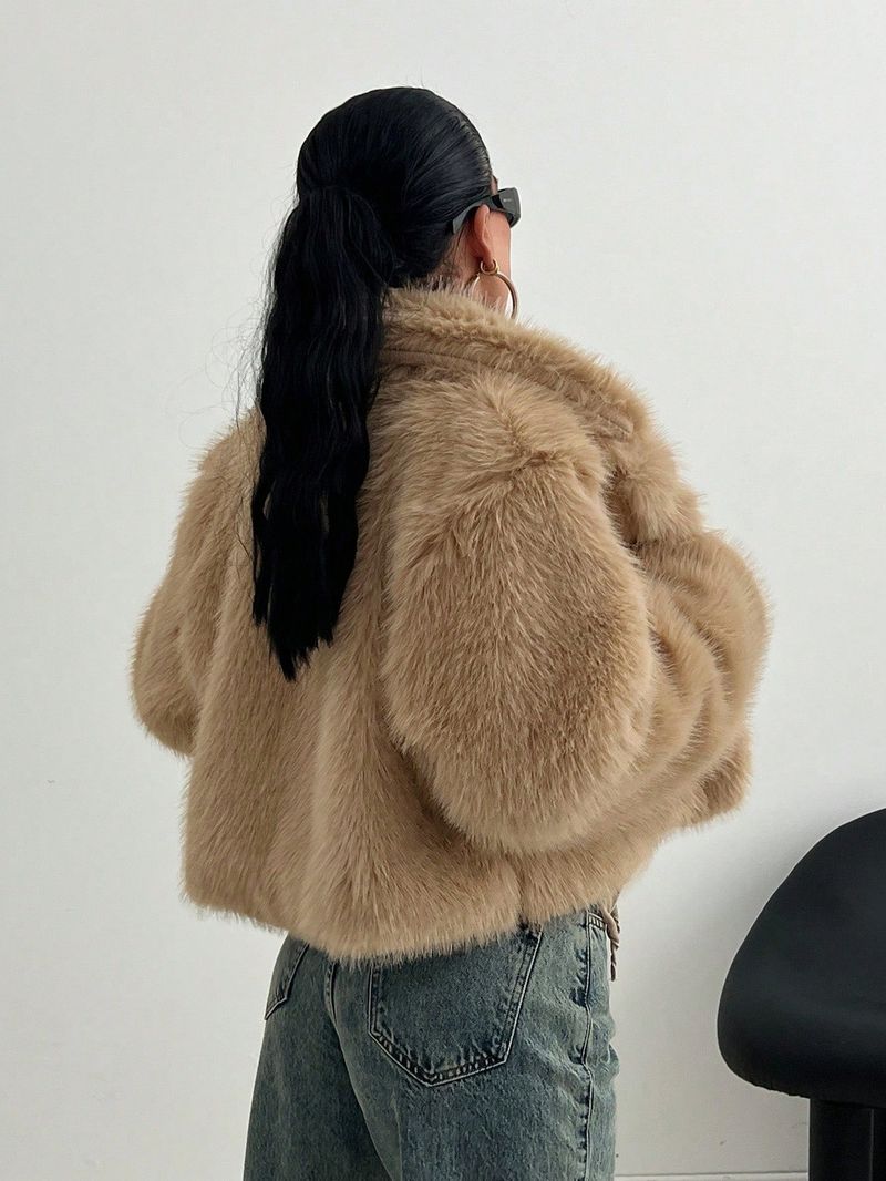 Kunstfuchspelzjacke, Damen-Wintermantel, kurz, wattiert, Kunstpelzmantel mit Revers, warme, flauschige Oberbekleidung (mehrere Farben und Größen)_voghion.com