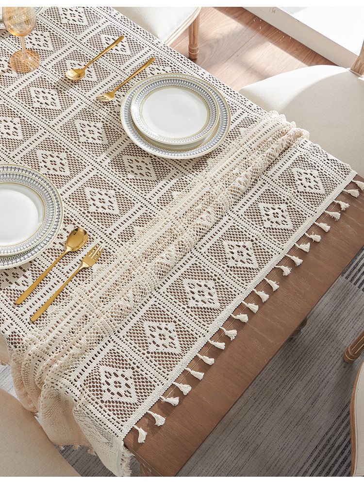 Vintage Crochet Tablecloth – Non-Slip Polyester Lace Table Cover, Elegant Embroidered Square/Round Dining Cloth For Farmhouse, Café, Wedding_voghion.com