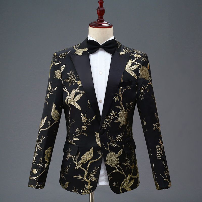 CT New Black Embroidered Men's Single-Breasted Suit Set For Stage Performance Host Costume_voghion.com