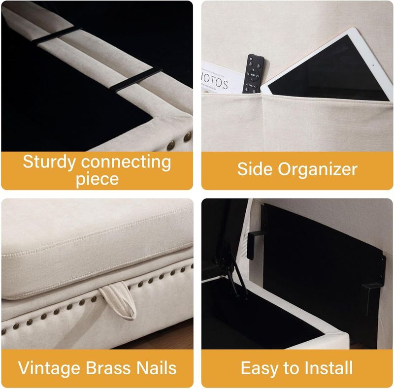 Vintage Modular Sectional Sofa, Convertible Multiple Combination Sofa Couch With Storage, Memory Foam, Vintage Copper Nail Modular Sectionals L-Row Module Beige (1 Side Stool)_voghion.com