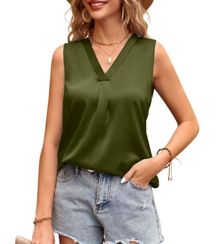Dammekleeder V-Ausschnëtt Casual Satin Äermellos Basishemd_voghion.com