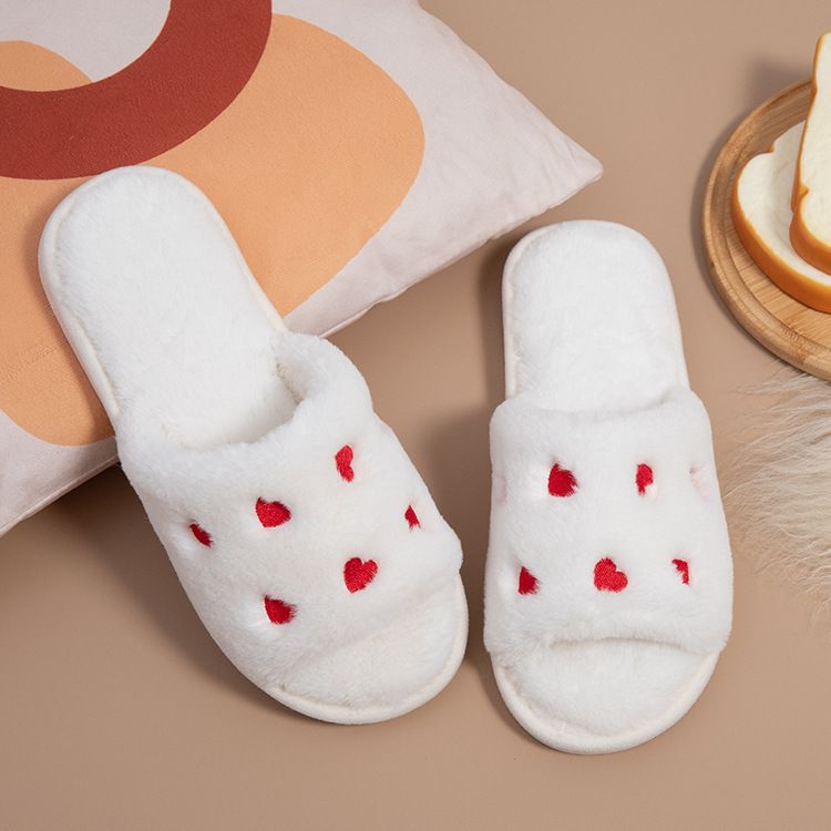 Herbst und Winter Neue Kleine Herz Weiß Hause Plüsch Nicht-Slip Sohle Cartoon Einfache Boden Baumwolle Hausschuhe H-12_voghion.com