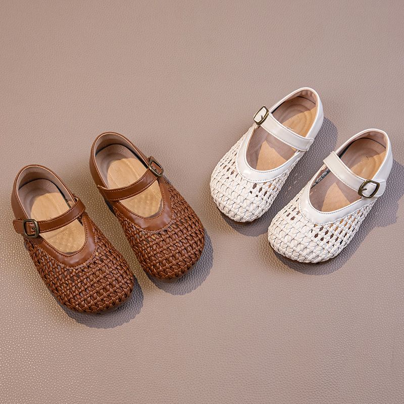 2025 Sommer Neue Hohl Mary Jane Flach Gewebt Atmungsaktive Prinzessin Kleine Mädchen Halb Sandalen_voghion.com