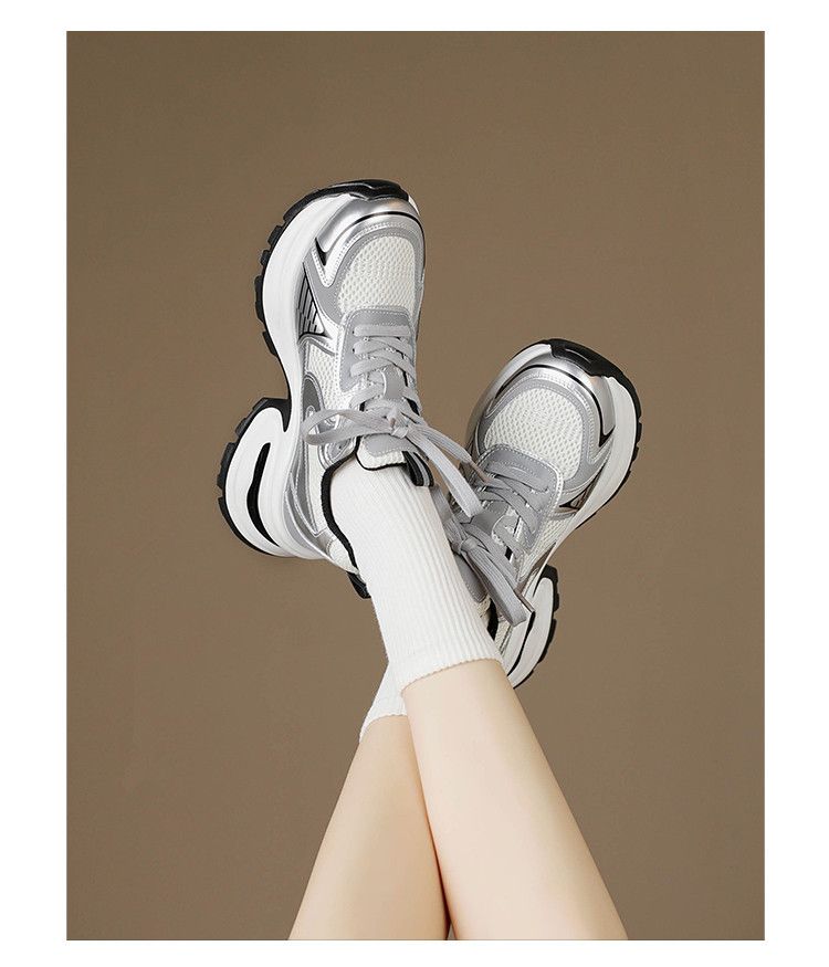 Thick Soled Dad Shoes For Women New Retro Street Style Height Enhancing Silver Same Style Casual Sports Shoes_voghion.com